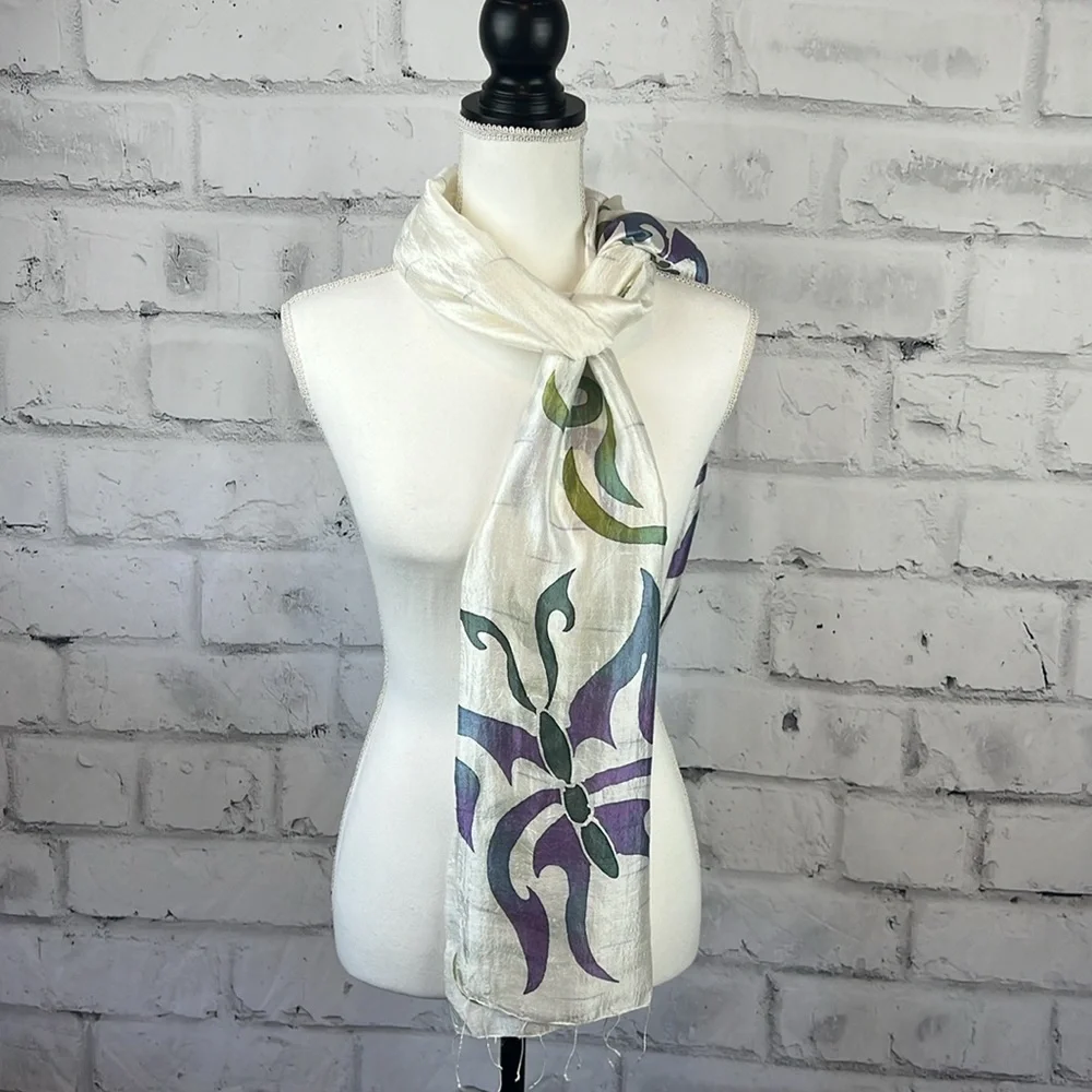 Silk Scarf Unbranded Butterfly Pattern Purple White Green